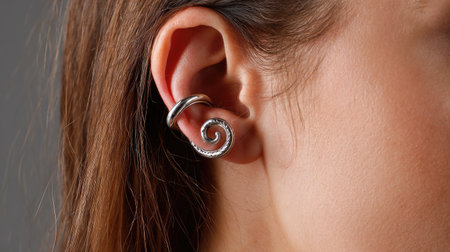 This detailed close-up showcases a stylish silver ear cuff worn by a young woman, highlighting contemporary trends in jewelry and modern aesthetics.の素材