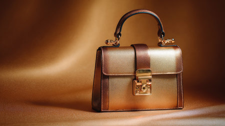 This image features an elegant gold and brown handbag with luxurious design, beautifully placed on a silk background, highlighting fashion and style.の素材