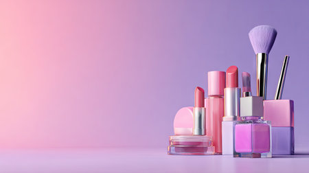 A captivating arrangement of various beauty products, featuring lipsticks, nail polish, and brushes, set against a soft pink and purple backdrop. Perfect for beauty brands!の素材
