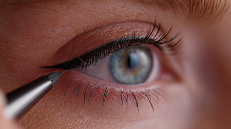 A detailed close-up image capturing the intricate application of eyeliner on a womanの素材