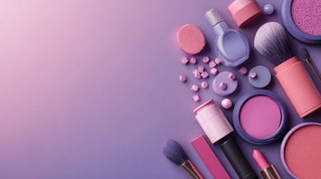 This visually appealing flat lay showcases a variety of makeup products arranged in soft pastel purple and pink hues, perfect for beauty enthusiasts.の素材