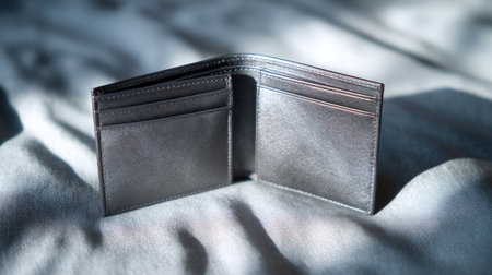 This elegant gray leather wallet is displayed in an open position, showcasing its stylish design and practical features. Natural light enhances its texture.の素材