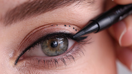 A detailed close-up image of a woman applying black eyeliner to her eye, showcasing a unique dotted design. The focus is on the precision and artistry of makeup application, highlighting beauty and personal care.の素材