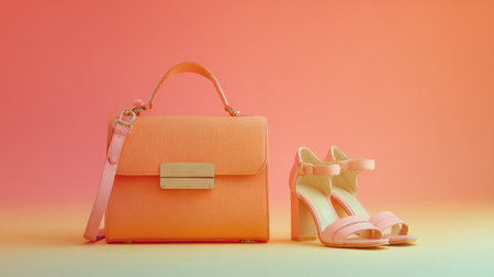 This striking image features a chic peach handbag alongside stylish high heel sandals, set against a vibrant gradient background, perfect for showcasing fashion accessories.の素材