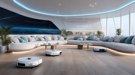 This stunning futuristic living room showcases sleek furniture, robotic vacuum cleaners, and an expansive view of outer space, blending luxury with technology.の素材