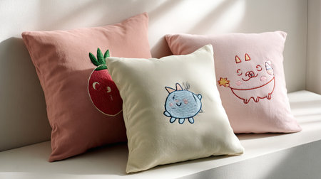Adorn your living space with these charming decorative pillows featuring playful embroidery. Ideal for cozying up on sofas or beds.の素材