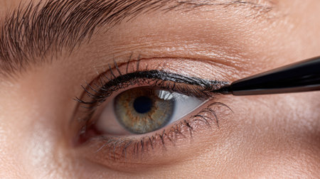 Close-up view of a woman's eye while applying eyeliner with a precise brush. The image showcases intricate details of makeup and eye beauty.の素材