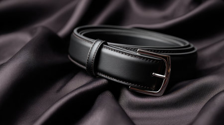 This elegant black leather belt features a sleek silver buckle, beautifully resting on a smooth satin fabric. Ideal for enhancing outfits and fashion styling.の素材