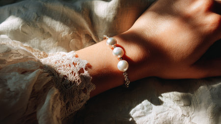 A stunning pearl bracelet gracefully rests on a woman's wrist, surrounded by soft fabric and illuminated by gentle light, creating an intimate and elegant atmosphere.の素材