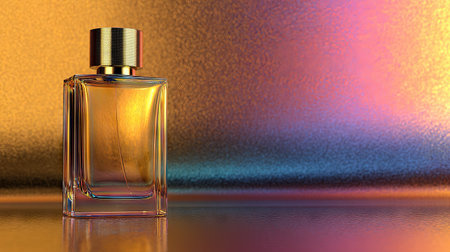 This captivating image features an elegant glass perfume bottle set against a colorful gradient background, showcasing a blend of soft lighting and reflections, perfect for beauty and lifestyle themes.の素材