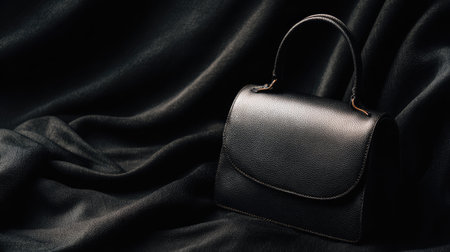 A striking black leather handbag elegantly placed on a dark fabric surface, showcasing soft textures and subtle shadows that emphasize its craftsmanship and style.の素材