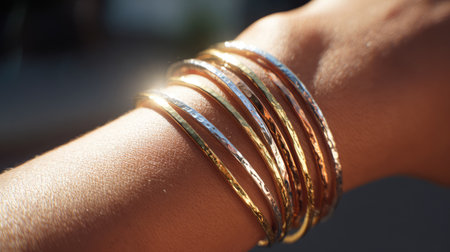 This striking image captures a close-up view of a hand wearing multiple colorful bangles, blending elegance and style. The interplay of light enhances the unique textures and colors.の素材