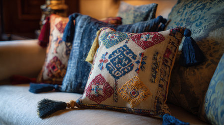 This image showcases a collection of vibrant decorative cushions featuring intricate patterns and tassels, adding charm to a cozy sofa setting.の素材