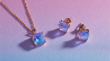 Discover an elegant jewelry set featuring a stunning necklace and matching earrings adorned with captivating opal-like gemstones. Ideal for special occasions.の素材