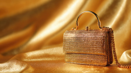 This stunning golden handbag sits elegantly on a rich golden fabric background, perfectly illustrating luxury and chic style for fashion enthusiasts.の素材