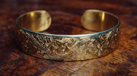 This stunning gold bracelet features intricate floral engravings that capture light beautifully against a textured wooden background. Perfect for fashion enthusiasts.の素材