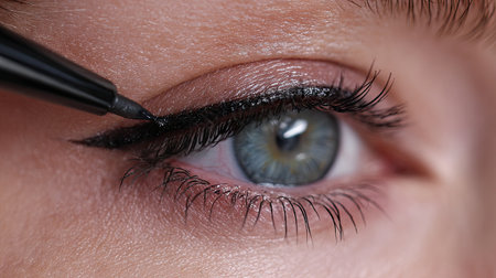 A striking close-up photo of a female eye with meticulous eyeliner application, showcasing intricate detail in beauty and makeup artistry.の素材