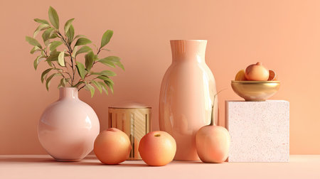 This stunning still life features elegant vases, fresh apples, and a lush green plant against a soft peach background, perfect for any modern decor.の素材