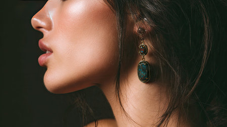 A captivating side profile of a woman exuding elegance, showcasing exquisite earrings. The play of light enhances her features, emphasizing beauty and style.の素材