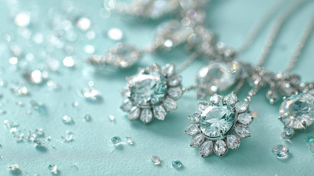 This stunning image showcases a beautiful arrangement of elegant jewelry featuring blue gemstones on a soft aqua background, perfect for fashion and accessories.の素材