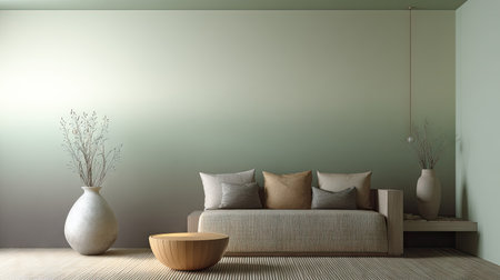 A serene minimalist interior featuring a stylish sofa adorned with pillows, complemented by decorative vases and a round table, creating a peaceful atmosphere.の素材