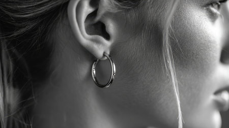 A captivating close-up profile shot showcasing the elegant features of a young woman wearing a hoop earring, captured in striking black and white tones.の素材