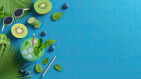 A vibrant tropical drink adorned with fresh mint, blueberries, and kiwi slices, complemented by palm leaves on a bright blue background. Perfect for summer!の素材