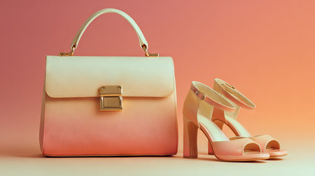 A beautifully styled pastel handbag alongside elegant high-heeled shoes set against a soft gradient background, perfect for fashion enthusiasts.の素材