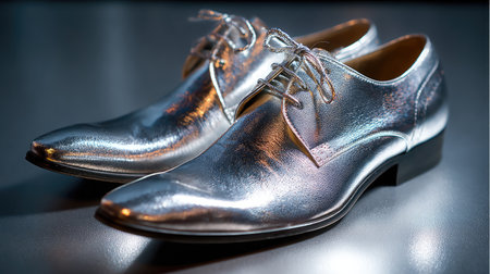 This stunning pair of silver dress shoes showcases a polished finish and sleek design, perfect for formal occasions and fashion enthusiasts.の素材