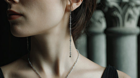 A captivating portrait of a woman adorned with elegant silver jewelry, featuring a beautiful ear chain and a striking neckline, captured in soft lighting.の素材