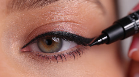 This striking close-up image showcases the process of applying eyeliner on a beautiful eye, emphasizing detail and artistry in makeup application.の素材