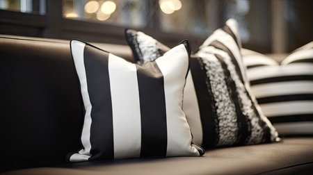 This captivating image features stylish black and white decorative cushions arranged on a modern sofa, creating an elegant and cozy atmosphere. The blurred background enhances the focus on the striking patterns and textures.の素材