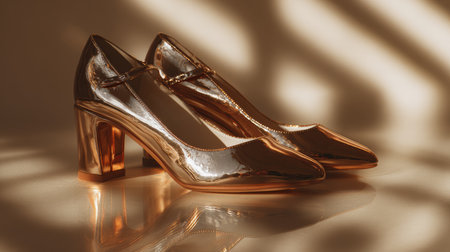 A pair of elegant golden high-heeled shoes showcased on a smooth, reflective surface. The soft shadows and warm lighting create an alluring ambiance, making these shoes ideal for fashion themes and luxury marketing.の素材