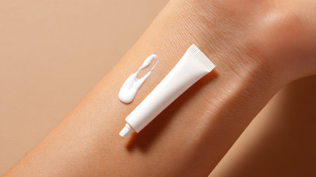 A close-up view of a hand applying skin cream from a tube on a beige background, emphasizing the texture and moisturizing properties of the lotion.の素材