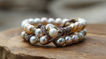 This close-up photograph showcases an elegant handcrafted bracelet made with natural pearls. The warm wooden surface provides a beautiful backdrop, enhancing the luxurious feel of the jewelry. Perfect for fashion and accessory lovers, this image captures the intricate details and unique design of the piece. Ideal for use in marketing, blogs, or online stores.の素材