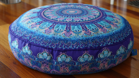 This round meditation cushion features a stunning mandala design in vibrant blues and purples, perfect for enhancing yoga sessions or relaxation spaces.の素材