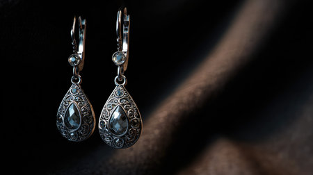 This image showcases a pair of elegant silver earrings featuring a stunning teardrop design with dark gemstones, set against soft fabric. The intricate details add a touch of sophistication, perfect for jewelry enthusiasts.の素材