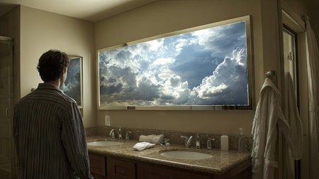 A man in comfortable pajamas stands in a stylish bathroom, gazing into a mirror that reflects a stunning sky filled with dramatic clouds. The scene conveys a moment of reflection and tranquility, blending modern design with nature's beauty.の素材
