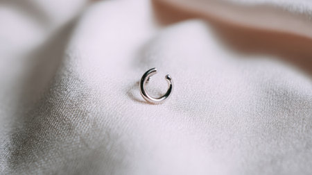 A beautifully crafted silver hoop earring elegantly rests on soft fabric, capturing light and showcasing its delicate design, perfect for fashion imagery.の素材