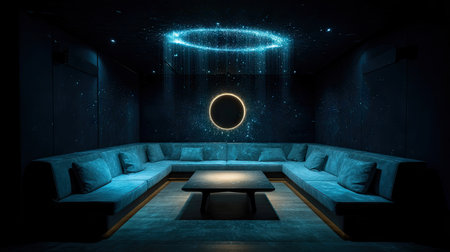 A stylish modern lounge featuring a cozy sofa arrangement and stunning illuminated ceiling art. Perfect for creating a relaxing atmosphere.の素材