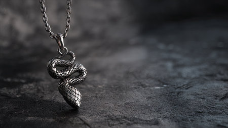 This image features a stunning silver snake pendant gracefully hanging from a chain, accented by intricate detail and a dark textured background, emphasizing elegance.の素材