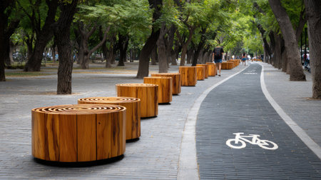 A modern outdoor park scene featuring stylish wooden seating arranged along a tree-lined path, perfect for relaxation and cycling.の素材