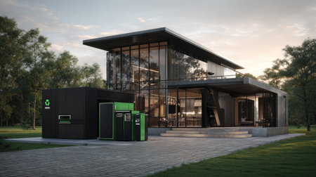 Discover a modern eco-friendly house featuring a striking glass facade and integrated recycling station surrounded by lush greenery. This design emphasizes sustainability and innovative architecture, merging nature with contemporary living.の素材