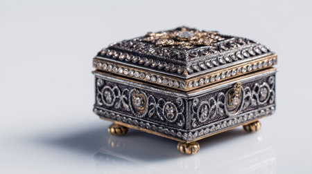 This stunning antique jewelry box showcases intricate metalwork and exquisite gemstone details, perfect for storing cherished items or as a decorative piece.の素材