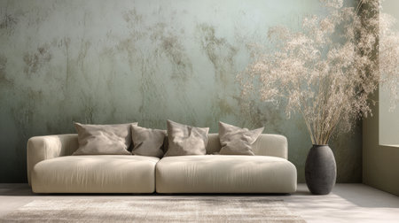 A serene and stylish living room featuring a minimalist beige sofa adorned with soft cushions, complemented by a decorative plant arrangement, set against a textured wall.の素材