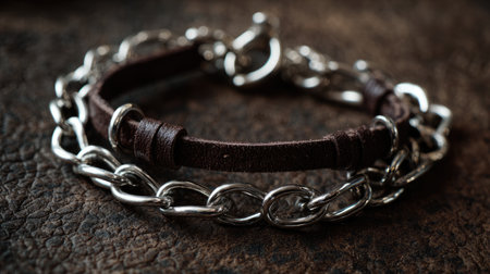 This close-up image features a unique leather and silver bracelet showcasing exquisite craftsmanship. The contrasting materials enhance the elegance and style.の素材