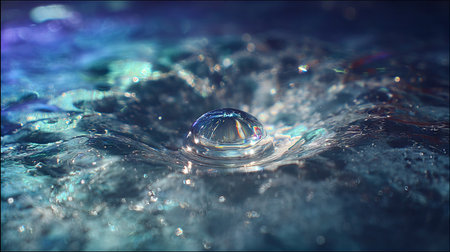 A stunning close-up view of a water droplet creating ripples on a vibrant surface. The play of light and color adds an artistic touch, emphasizing the fluid beauty of nature.の素材