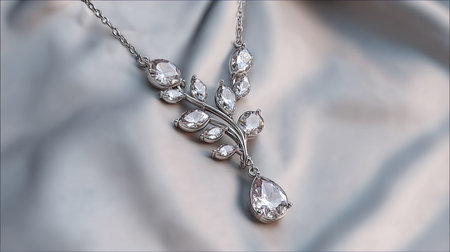 This stunning silver necklace features a delicate design with sparkling gemstones, elegantly displayed on a soft fabric background, ideal for fashion promotions.の素材