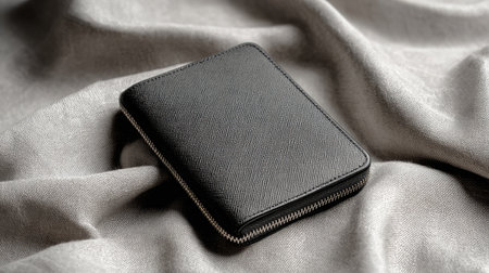 This image showcases a sleek black leather wallet resting on a delicate soft fabric background, perfect for highlighting stylish personal accessories in any setting.の素材