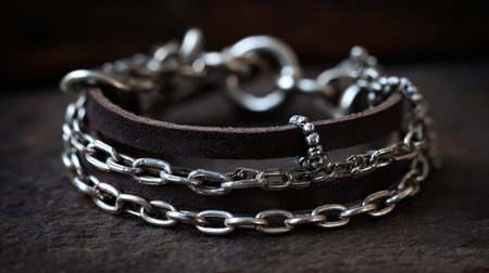 This unique bracelet features a blend of soft leather and shiny silver chains, showcasing a stylish design perfect for fashion-forward accessories and photography.の素材